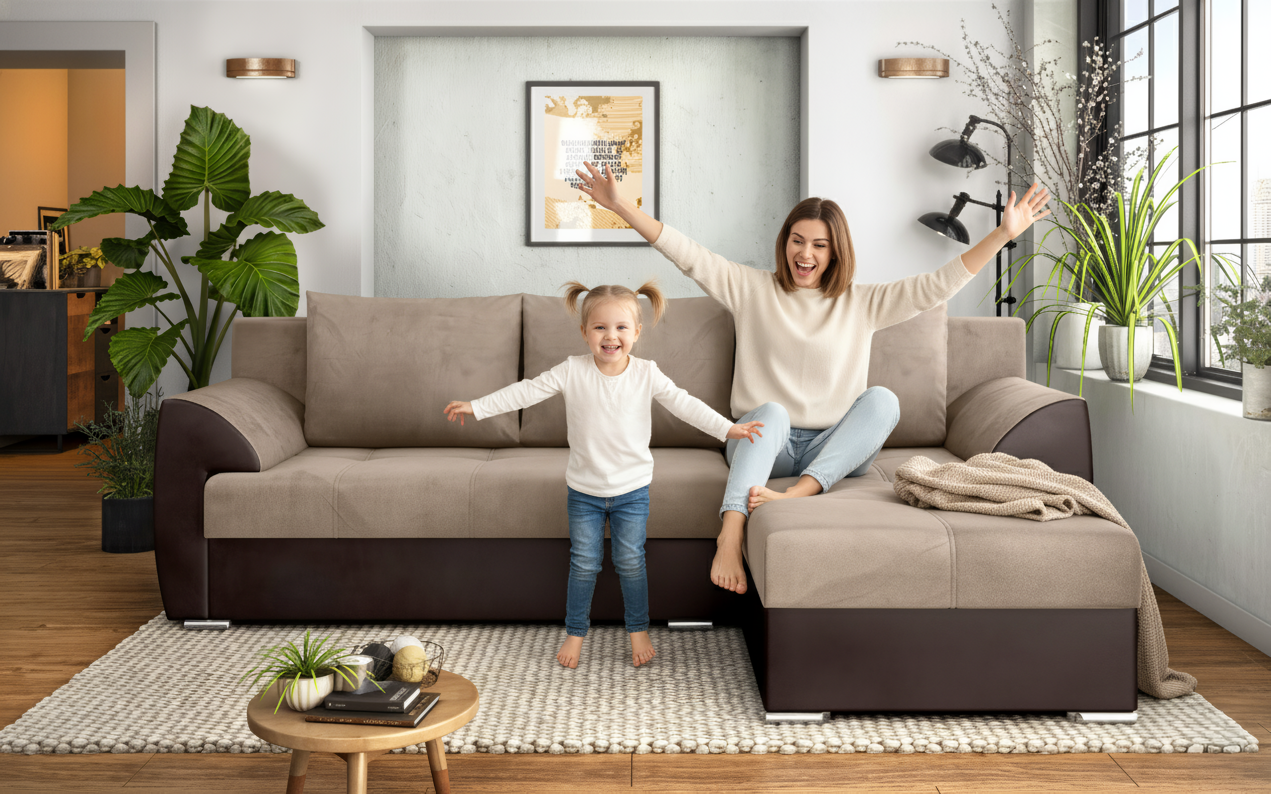 Coltar extensibil Deman, bej + piele maro  3